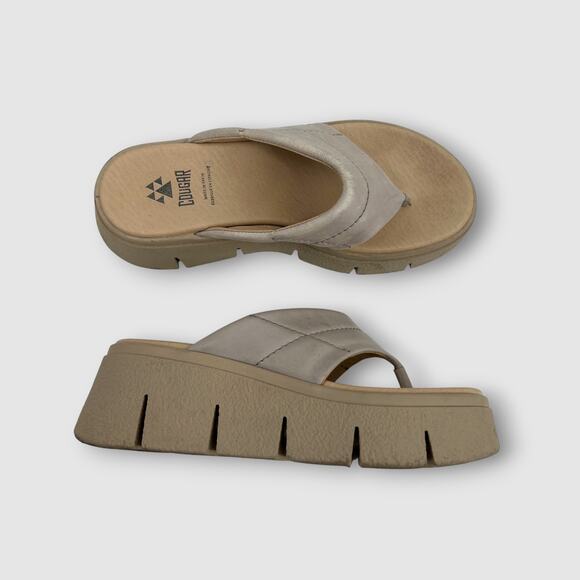 Cougar Platform Flip Flop Sandals Beige Leather Slip-On Slides - Picture 1 of 6